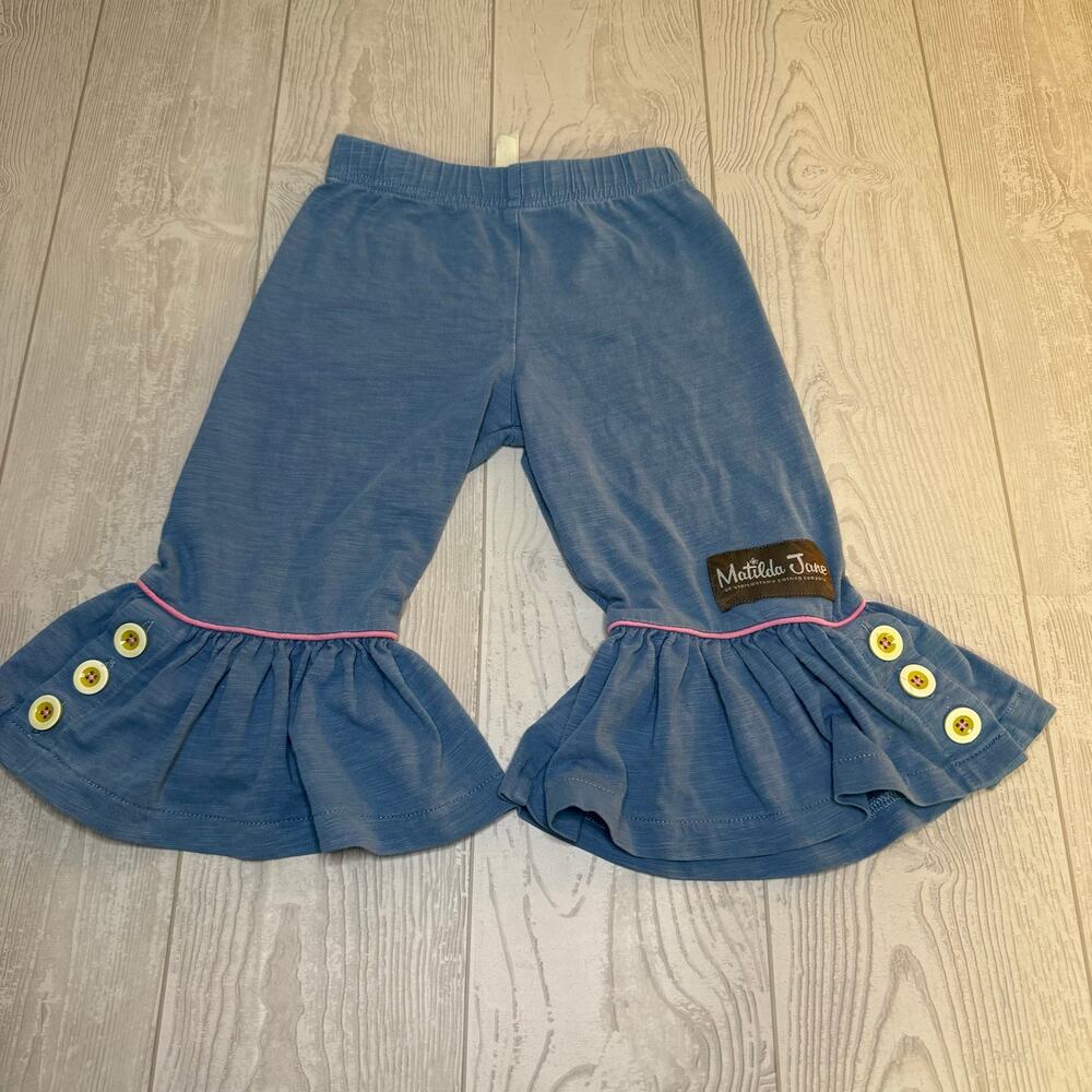 Matilda Jane Girls Blue Ruffle Hem Leggings Buttons Pink Trim NWT Size 2